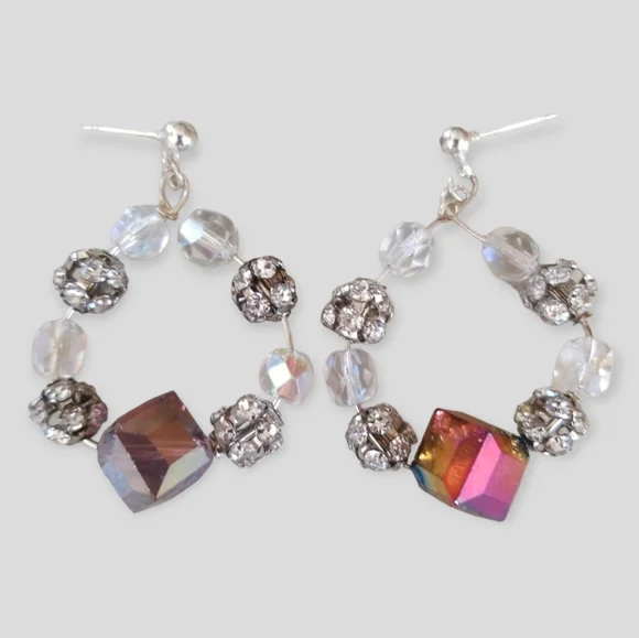 NWT Handcrafted AB Crystal and Rhinestone Hoop Style Pierced Earrings - Picture 1 of 6